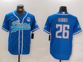 Cheap Men\'s Detroit Lions #26 Jahmyr Gibbs Blue With 90th Anniversary Patch Cool Base Stitched Baseball Jersey