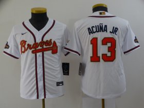 Wholesale Cheap Youth Atlanta Braves #13 Ronald Acuna Jr 2022 White Gold World Series Champions Program Cool Base Stitched Baseball Jersey