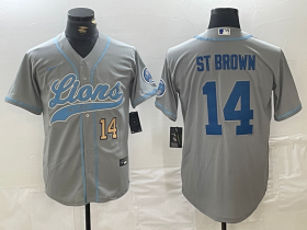 Cheap Men\'s Detroit Lions #14 Amon-Ra St. Brown Number Gray Cool Base Stitched Baseball Jerseys