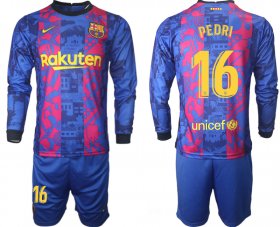 Wholesale Cheap Men 2021-2022 Club Barcelona Second away blue Long Sleeve 16 Soccer Jersey