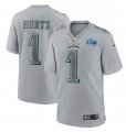 Wholesale Cheap Men's Philadelphia Eagles #1 Jalen Hurts Gray Super Bowl LVII Patch Atmosphere Fashion Stitched Game Jersey