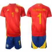 Men's Spain Team #1 Iker Casillas 2024-25 Red Home Soccer Jersey Suit