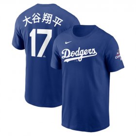 Cheap Men\'s Los Angeles Dodgers #17 Shohei Ohtani Royal 2024 World Series Champions Name & Number T-Shirt