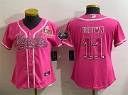 Cheap Women's Philadelphia Eagles #11 A.J. Brown Pink 2025 Super Bowl LIX Patch Cool Base Stitched Baseball Jersey(Run Small)