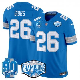 Cheap Men\'s Detroit Lions #26 Jahmyr Gibbs Blue 2024 NFC North Champions 90th Anniversary Patch F.U.S.E. Vapor Limited Stitched Jersey