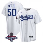 Cheap Men's Los Angeles Dodgers #50 Mookie Betts White 2024 World Series Champions Cool Base Stitched Baseball Jersey