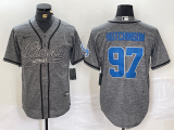 Cheap Men's Detroit Lions #97 Aidan Hutchinson Grey Gridiron With Patch Cool Base Stitched Baseball Jersey