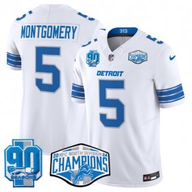 Cheap Men\'s Detroit Lions #5 David Montgomery White 2024 NFC North Champions 90th Anniversary Patch F.U.S.E. Vapor Limited Stitched Jersey