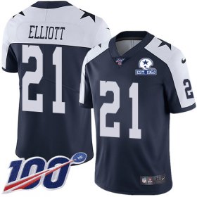 Wholesale Cheap Nike Cowboys #21 Ezekiel Elliott Navy Blue Thanksgiving Men\'s Stitched With Established In 1960 Patch NFL 100th Season Vapor Untouchable Limited Throwback Jersey