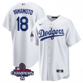 Cheap Men\'s Los Angeles Dodgers #18 Yoshinobu Yamamoto White 2024 World Series Champions Cool Base Stitched Baseball Jersey