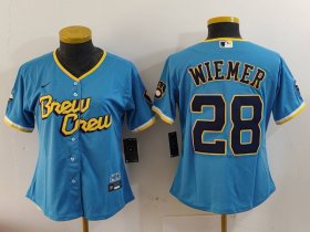 Cheap Youth Milwaukee Brewers #28 Joey Wiemer Blue 2022 City Connect Cool Base Stitched Jersey