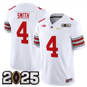 Men\'s Ohio State Buckeyes #4 Jeremiah Smith White Gold 2025 CFP Final Patch F.U.S.E. Vapor Limited Stitched Football Jersey