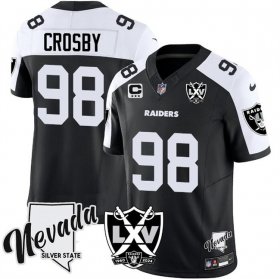 Men\'s Las Vegas Raiders #98 Maxx Crosby Black White 2024 F.U.S.E With Nevada Silver Stat Patch And 65th Anniversary Patch 3-Star C Patch Stitched Football Jersey