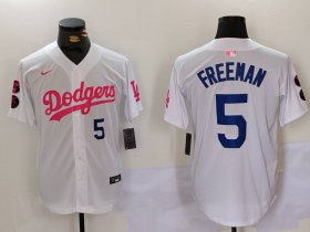 Cheap Men\'s Los Angeles Dodgers #5 Freddie Freeman White Pink Vin & Kobe Patch Stitched Baseball Jersey1