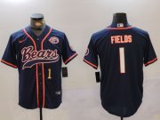 Men's Chicago Bears #1 Justin Fields Navy Throwback With Patch Cool Base Stitched Baseball Jerseys