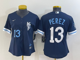 Wholesale Cheap Women\'s Kansas City Royals #13 Salvador Perez Number 2022 Navy Blue City Connect Cool Base Stitched Jersey