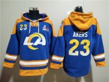 Wholesale Cheap Men's Los Angeles Rams #23 Cam Akers 2022 Royal Super Bowl LVI Champions Pullover Hoodie