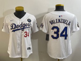 Cheap Women\'s Los Angeles Dodgers #34 Toro Valenzuela White Gold 2024 World Series With Fernando Memorial Patch Limited Stitched Baseball Jersey