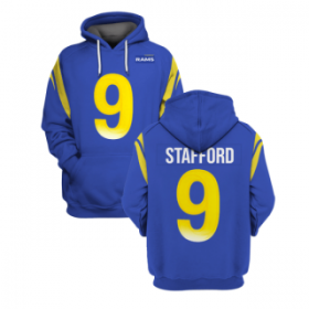 Wholesale Cheap Men\'s Los Angeles Rams #9 Matthew Stafford 2021 Royal Pullover Hoodie