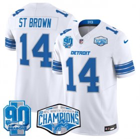 Cheap Men\'s Detroit Lions #14 Amon-Ra St. Brown White 2024 NFC North Champions 90th Anniversary Patch F.U.S.E. Vapor Limited Stitched Jersey