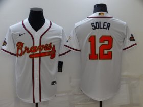 Wholesale Cheap Men\'s Atlanta Braves #12 Jorge Soler 2022 White Gold World Series Champions Program Cool Base Stitched Baseball Jersey