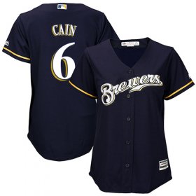 Wholesale Cheap Brewers #6 Lorenzo Cain Navy Blue Alternate Women\'s Stitched MLB Jersey