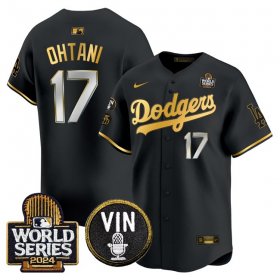 Cheap Men\'s Los Angeles Dodgers #17 Shohei Ohtani Black Gold 2024 World Series Vin & Kobe Patch Limited Stitched Baseball Jersey