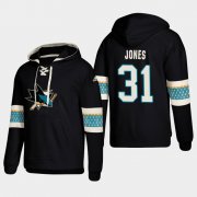 Wholesale Cheap San Jose Sharks #31 Martin Jones Black adidas Lace-Up Pullover Hoodie