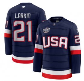 Cheap Men\'s USA #21 Dylan Larkin Navy 2025 4 Nations Face-Off Stitched Jersey