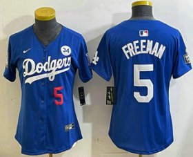 Cheap Women\'s Los Angeles Dodgers #5 Freddie Freeman Number Blue 2024 World Series With Fernando 34 Patch Limited Stitched Jersey