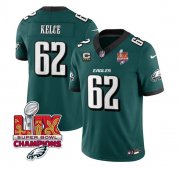 Cheap Men's Philadelphia Eagles #62 Jason Kelce Green 2025 Eagles Logo Super Bowl LIX Patch And 4-Star C Patch New F.U.S.E. Vapor Limited Football Stitched Jersey