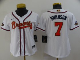 Wholesale Cheap Women\'s Atlanta Braves #7 Dansby Swanson 2022 White Gold World Series Champions Program Cool Base Stitched Baseball Jersey