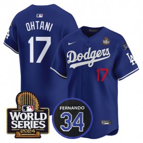 Cheap Men\'s Los Angeles Dodgers #17 Shohei Ohtani Royal 2024 World Series With Fernando Memorial Patch Limited Stitched Baseball Jersey