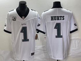 Wholesale Cheap Men\'s Philadelphia Eagles #1 Jalen Hurts White C Patch 2023 FUSE Vapor Stitched Jersey