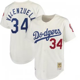 Cheap Men\'s Los Angeles Dodgers #34 Fernando Valenzuela Cream Mitchell & Ness Stitched Baseball Jersey