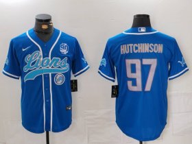 Men\'s Detroit Lions #97 Aidan Hutchinson Blue With 90th Patch Cool Base Stitched Baseball Jersey