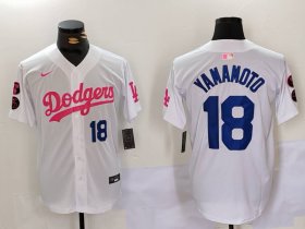 Cheap Men\'s Los Angeles Dodgers #18 Yoshinobu Yamamoto White Pink Vin & Kobe Patch Stitched Baseball Jersey