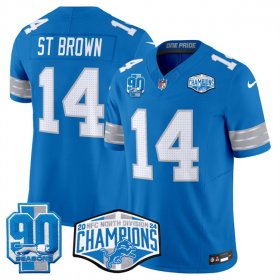 Cheap Men\'s Detroit Lions #14 Amon-Ra St. Brown Blue 2024 NFC North Champions 90th Anniversary Patch F.U.S.E. Vapor Limited Stitched Jersey