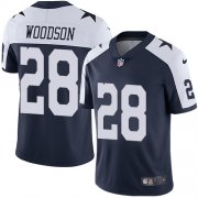 Wholesale Cheap Nike Cowboys #28 Darren Woodson Navy Blue Thanksgiving Men's Stitched NFL Vapor Untouchable Limited Throwback Jersey