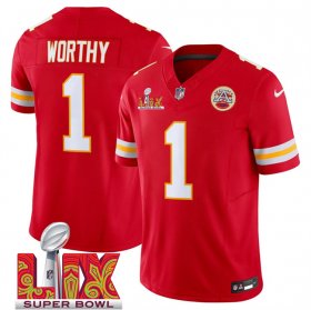 Men\'s Kansas City Chiefs #1 Xavier Worthy Red 2025 Super Bowl LIX Patch F.U.S.E. Vapor Limited Stitched Football Jersey