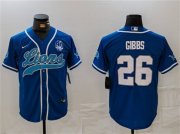 Cheap Men's Detroit Lions #26 Jahmyr Gibbs Blue With 90th Anniversary Patch Cool Base Stitched Baseball Jersey