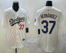 Cheap Men\'s Los Angeles Dodgers #37 Teoscar Hernandez Number White Gold Cool Base Stitched Jersey