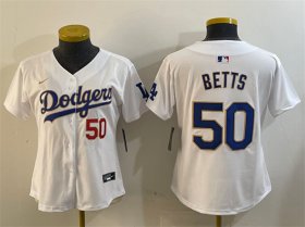 Cheap Women\'s Los Angeles Dodgers #50 Mookie Betts White Gold Home Limited Stitched Baseball Jersey(Run Small)