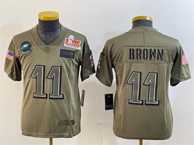 Youth Philadelphia Eagles #11 A.J. Brown Olive 2025 Super Bowl LIX Patch Salute To Service Vapor Untouchable Limited Stitched Football Jersey