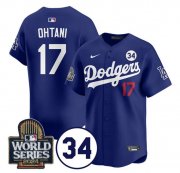 Cheap Men's Los Angeles Dodgers #17 Shohei Ohtani Royal 2024 World Series With No. 34 Patch Cool Base Stitched Baseball Jersey