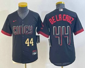 Wholesale Cheap Youth Cincinnati Reds #44 Elly De La Cruz Number Black 2023 City Connect Cool Base Stitched Jersey 1