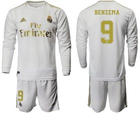 Wholesale Cheap Real Madrid #9 Benzema White Home Long Sleeves Soccer Club Jersey