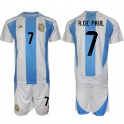 Cheap Men's Argentina #7 Rodrigo Javier De Paul White Blue 2024-25 Home Soccer Jersey Suit