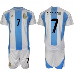 Cheap Men\'s Argentina #7 Rodrigo Javier De Paul White Blue 2024-25 Home Soccer Jersey Suit