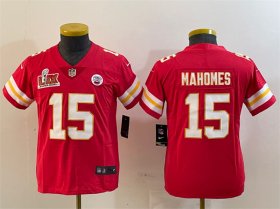 Youth Kansas City Chiefs #15 Patrick Mahomes Red 2025 Super Bowl LIX Patch Vapor Untouchable Limited Stitched Football Jersey